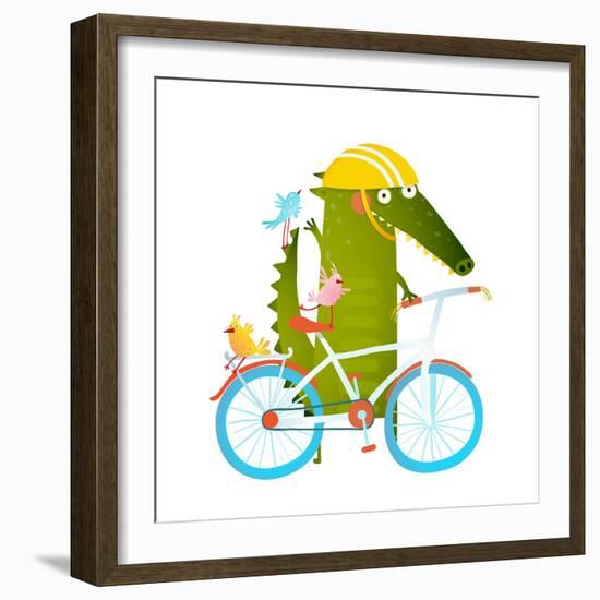 Cartoon Green Funny Crocodile in Helmet with Bicycle and Birds Friends. Funny Crocodile with Bicycl-Popmarleo-Framed Art Print