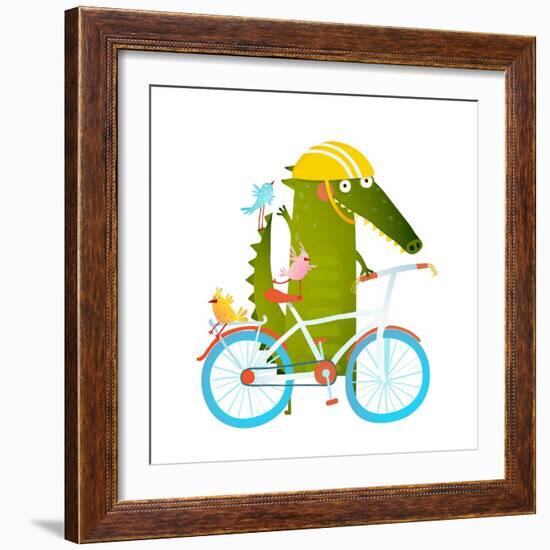 Cartoon Green Funny Crocodile in Helmet with Bicycle and Birds Friends. Funny Crocodile with Bicycl-Popmarleo-Framed Art Print