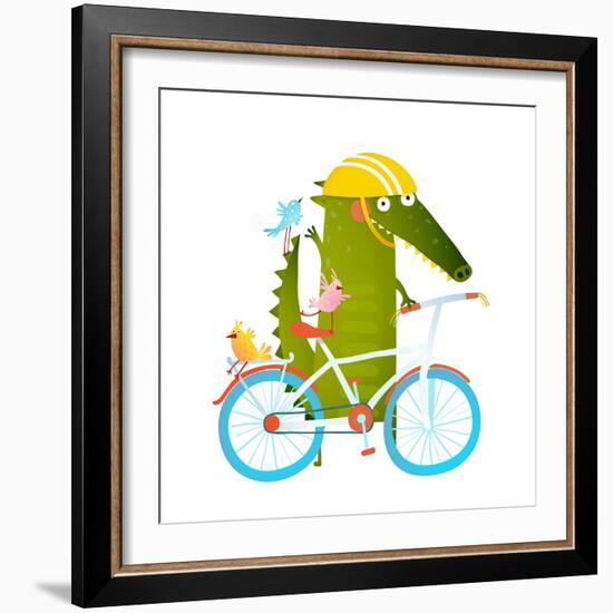 Cartoon Green Funny Crocodile in Helmet with Bicycle and Birds Friends. Funny Crocodile with Bicycl-Popmarleo-Framed Art Print