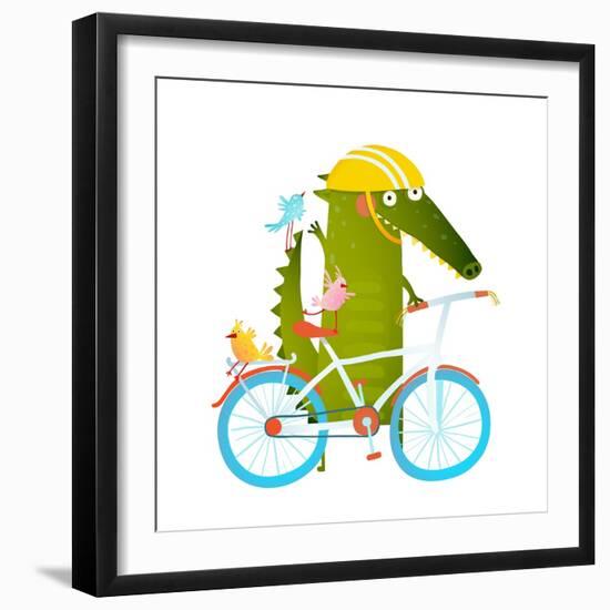 Cartoon Green Funny Crocodile in Helmet with Bicycle and Birds Friends. Funny Crocodile with Bicycl-Popmarleo-Framed Art Print