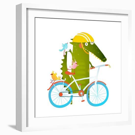 Cartoon Green Funny Crocodile in Helmet with Bicycle and Birds Friends. Funny Crocodile with Bicycl-Popmarleo-Framed Art Print