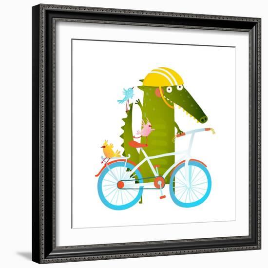 Cartoon Green Funny Crocodile in Helmet with Bicycle and Birds Friends. Funny Crocodile with Bicycl-Popmarleo-Framed Art Print