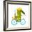 Cartoon Green Funny Crocodile in Helmet with Bicycle and Birds Friends. Funny Crocodile with Bicycl-Popmarleo-Framed Art Print