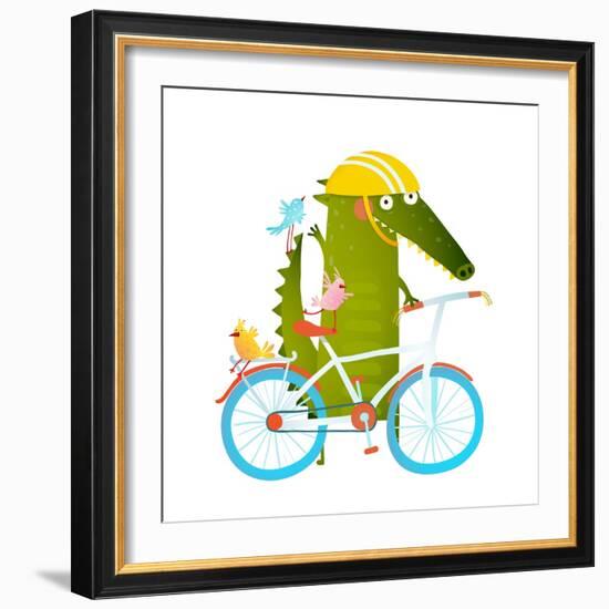 Cartoon Green Funny Crocodile in Helmet with Bicycle and Birds Friends. Funny Crocodile with Bicycl-Popmarleo-Framed Art Print