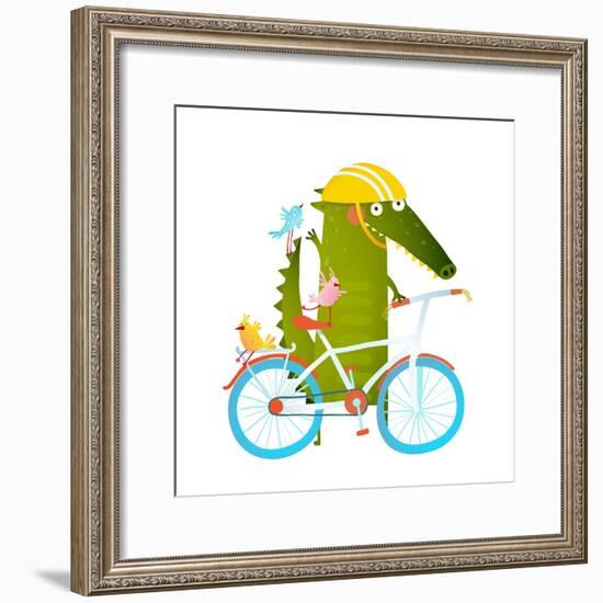 Cartoon Green Funny Crocodile in Helmet with Bicycle and Birds Friends. Funny Crocodile with Bicycl-Popmarleo-Framed Premium Giclee Print