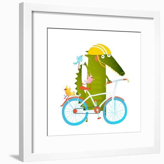 Cartoon Green Funny Crocodile in Helmet with Bicycle and Birds Friends. Funny Crocodile with Bicycl-Popmarleo-Framed Premium Giclee Print