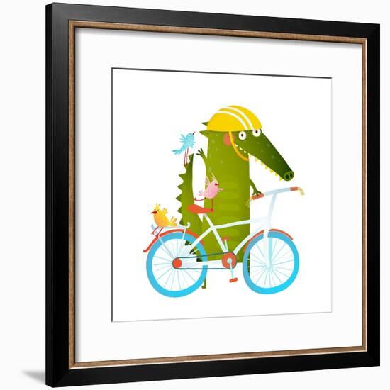 Cartoon Green Funny Crocodile in Helmet with Bicycle and Birds Friends. Funny Crocodile with Bicycl-Popmarleo-Framed Premium Giclee Print