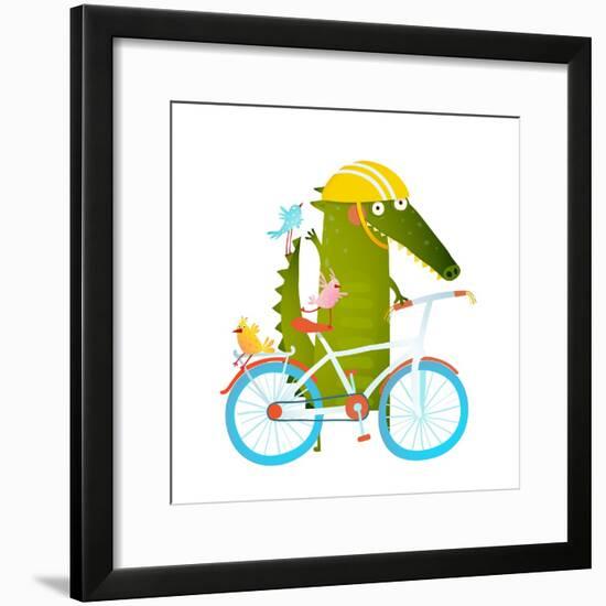 Cartoon Green Funny Crocodile in Helmet with Bicycle and Birds Friends. Funny Crocodile with Bicycl-Popmarleo-Framed Premium Giclee Print