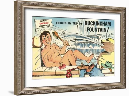 Cartoon Man Bathing in Fountain-null-Framed Art Print