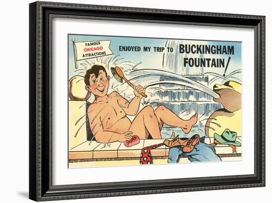 Cartoon Man Bathing in Fountain-null-Framed Art Print