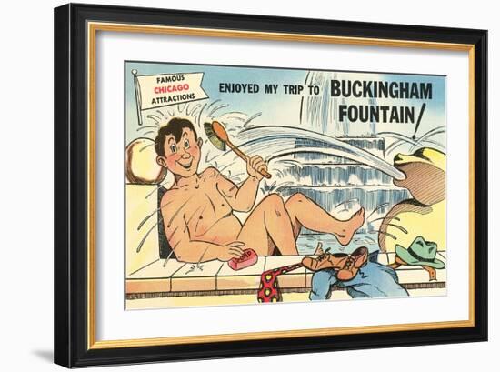 Cartoon Man Bathing in Fountain-null-Framed Art Print