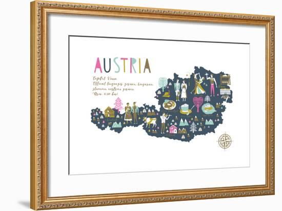 Cartoon Map of Austria with Legend Icons-Lavandaart-Framed Art Print