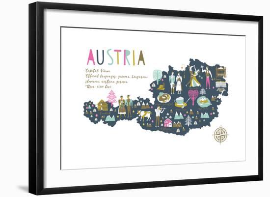 Cartoon Map of Austria with Legend Icons-Lavandaart-Framed Art Print