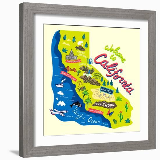 Cartoon Map of California.Travels-Daria_I-Framed Premium Giclee Print