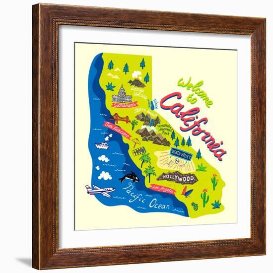 Cartoon Map of California.Travels-Daria_I-Framed Premium Giclee Print