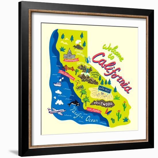 Cartoon Map of California.Travels-Daria_I-Framed Premium Giclee Print