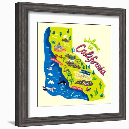 Cartoon Map of California.Travels-Daria_I-Framed Art Print