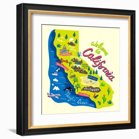 Cartoon Map of California.Travels-Daria_I-Framed Art Print