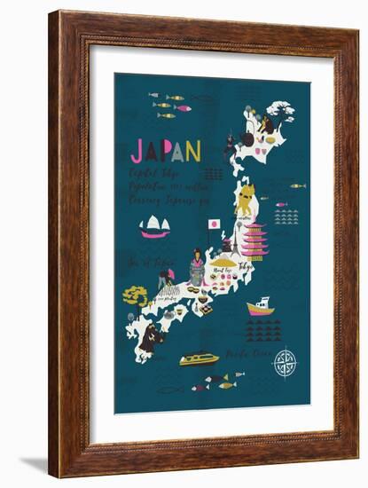 Cartoon Map of Japan. Print Design-Lavandaart-Framed Art Print