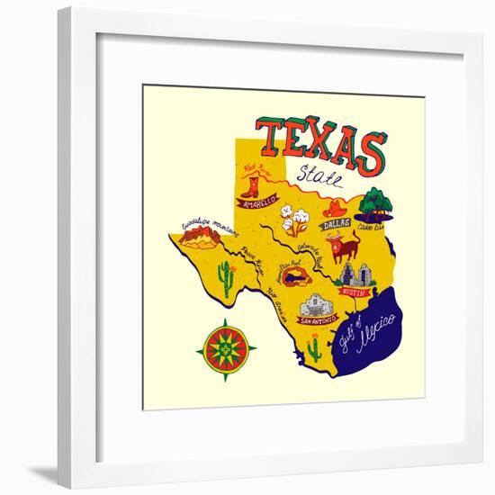 Cartoon Map of Texas.Travels-Daria_I-Framed Premium Giclee Print