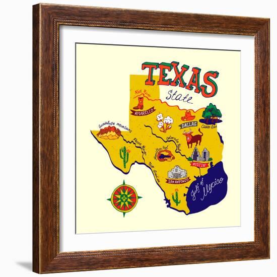 Cartoon Map of Texas.Travels-Daria_I-Framed Premium Giclee Print