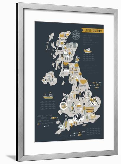 Cartoon Map of United Kingdom with Legend Icons-Lavandaart-Framed Art Print