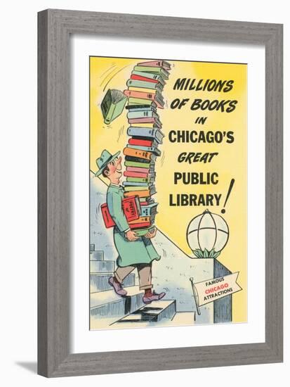 Cartoon of Man with Stack of Books for Chicago Library, Chicago, Illinois-null-Framed Art Print