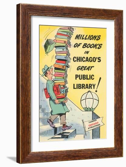 Cartoon of Man with Stack of Books for Chicago Library, Chicago, Illinois-null-Framed Art Print