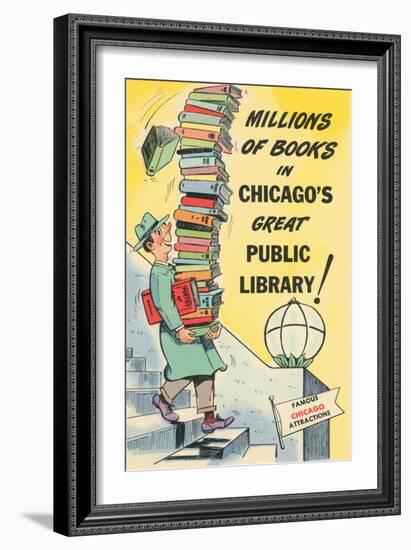 Cartoon of Man with Stack of Books for Chicago Library, Chicago, Illinois-null-Framed Art Print