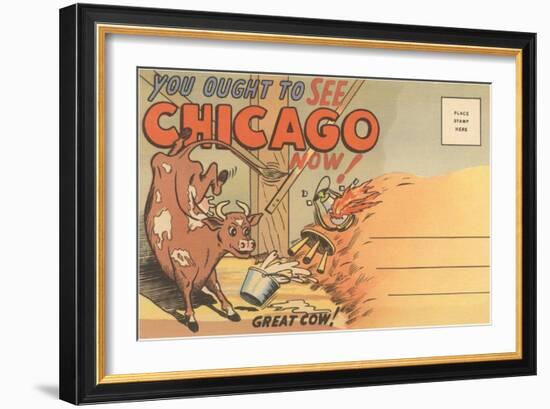 Cartoon of O'Leary's Cow, Chicago, Illinois-null-Framed Art Print