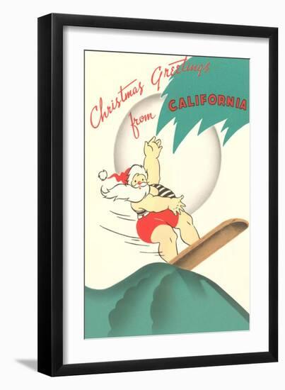 Cartoon of Surfing Santa, Christmas Greetings from California-null-Framed Art Print