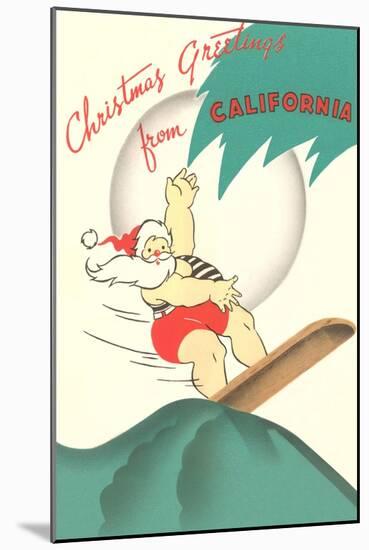 Cartoon of Surfing Santa, Christmas Greetings from California-null-Mounted Art Print