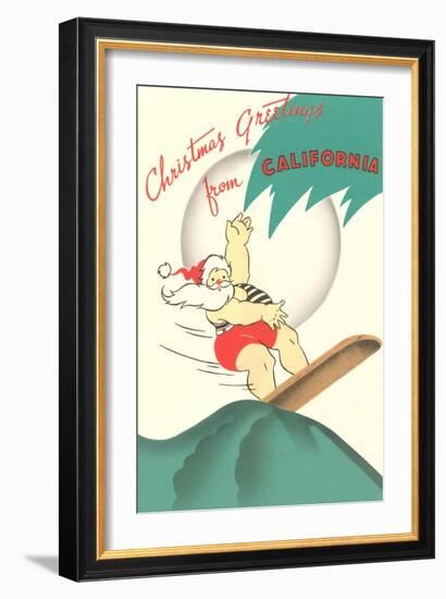 Cartoon of Surfing Santa, Christmas Greetings from California-null-Framed Art Print