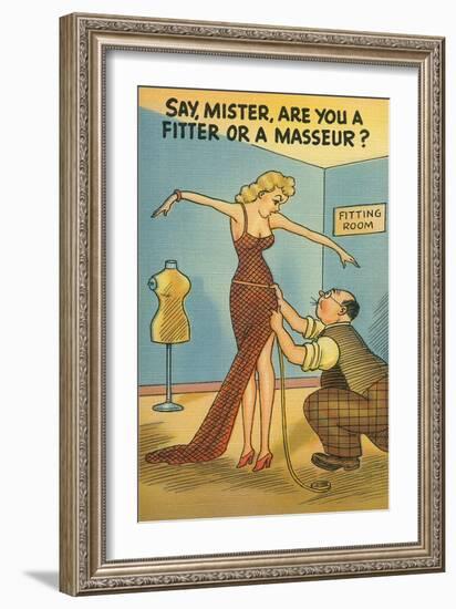 Cartoon of Woman and Tailor-null-Framed Art Print