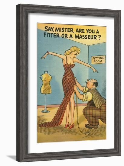 Cartoon of Woman and Tailor-null-Framed Art Print