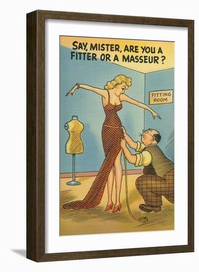 Cartoon of Woman and Tailor-null-Framed Art Print