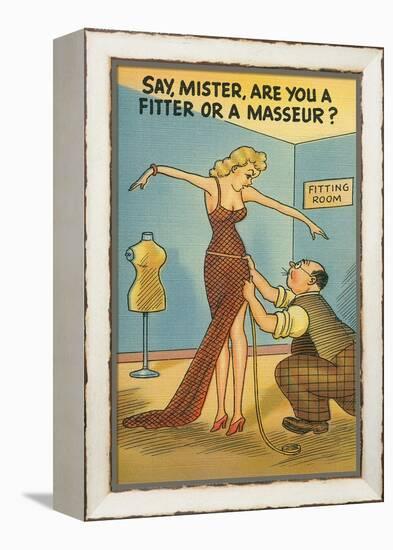 Cartoon of Woman and Tailor-null-Framed Stretched Canvas