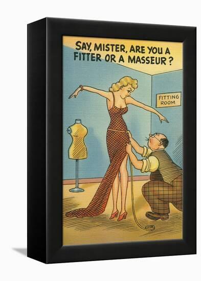 Cartoon of Woman and Tailor-null-Framed Stretched Canvas