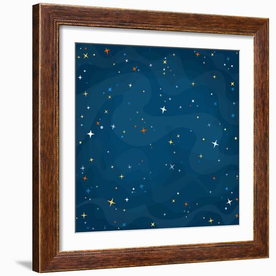 Cartoon Space Background with Colorful Stars. Night Starry Sky. Vector Illustration.-0mela-Framed Art Print