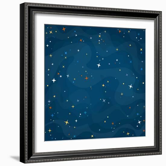 Cartoon Space Background with Colorful Stars. Night Starry Sky. Vector Illustration.-0mela-Framed Art Print