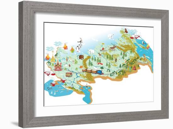 Cartoon Vector Map of Russia with a Symbol of Moscow - St. Basil's Cathedral, a Symbol of St. Peter-Milovelen-Framed Art Print