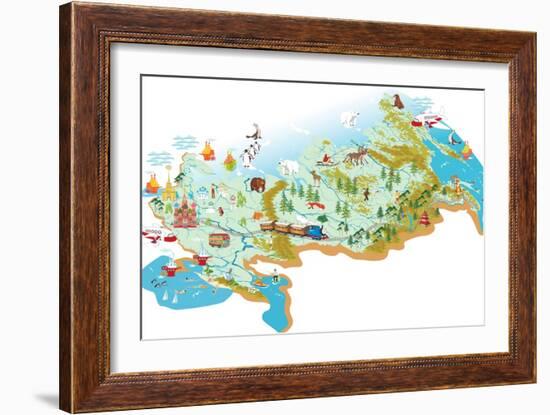 Cartoon Vector Map of Russia with a Symbol of Moscow - St. Basil's Cathedral, a Symbol of St. Peter-Milovelen-Framed Art Print