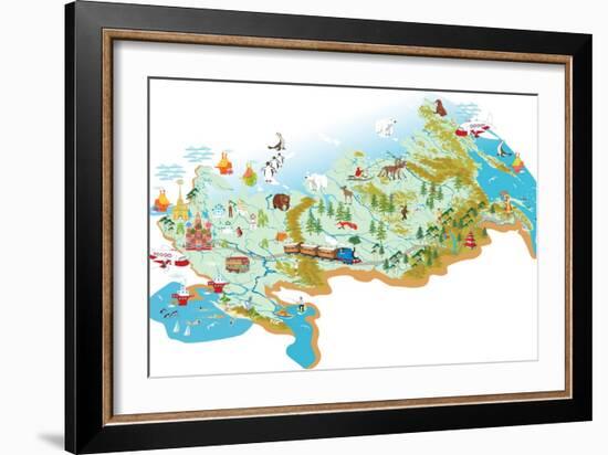 Cartoon Vector Map of Russia with a Symbol of Moscow - St. Basil's Cathedral, a Symbol of St. Peter-Milovelen-Framed Art Print