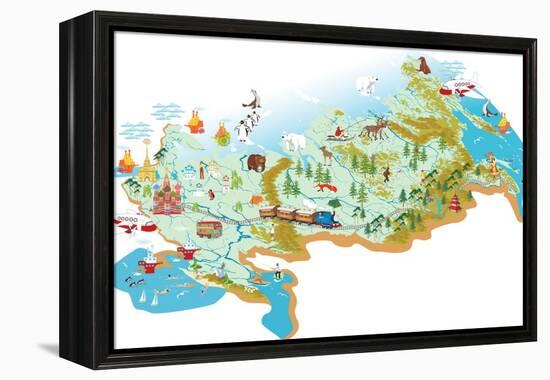 Cartoon Vector Map of Russia with a Symbol of Moscow - St. Basil's Cathedral, a Symbol of St. Peter-Milovelen-Framed Stretched Canvas