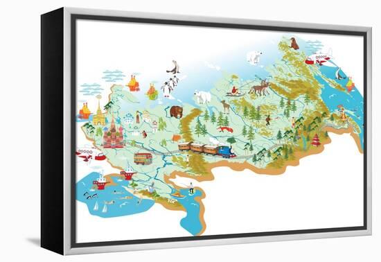 Cartoon Vector Map of Russia with a Symbol of Moscow - St. Basil's Cathedral, a Symbol of St. Peter-Milovelen-Framed Stretched Canvas