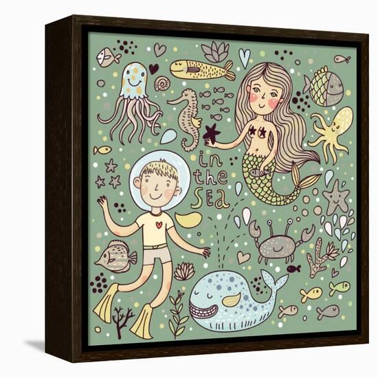 Cartoon Vector Set about Sea-Life-smilewithjul-Framed Stretched Canvas