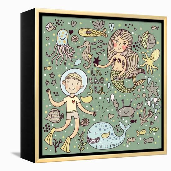 Cartoon Vector Set about Sea-Life-smilewithjul-Framed Stretched Canvas
