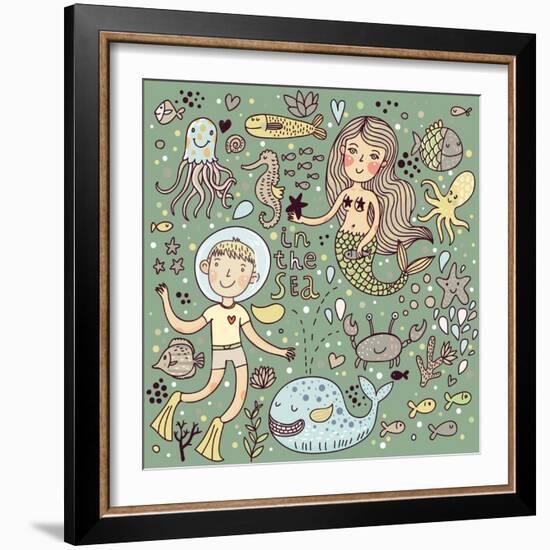 Cartoon Vector Set about Sea-Life-smilewithjul-Framed Art Print