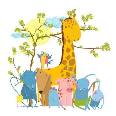 Cartoon Zoo Friends Animals Group, Funny Zoo and Farm Animals Sitting Together under the Tree. Rast' Art Print - Popmarleo Cartoon Zoo Friends Animals Group, Funny Zoo and Farm Animals Sitting Together under the Tree. Rast' Art Print - Popmarleo