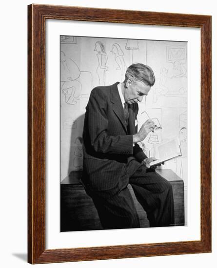 Cartoonist James Thurber Posing with His Work-Bob Landry-Framed Premium Photographic Print